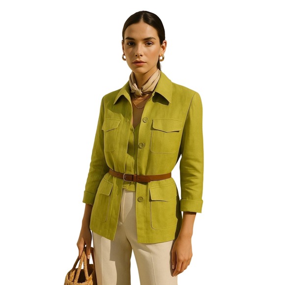 Planet Linen Jacket Utility Blazer Green Button Front Pockets Womens 12 - Picture 2 of 9